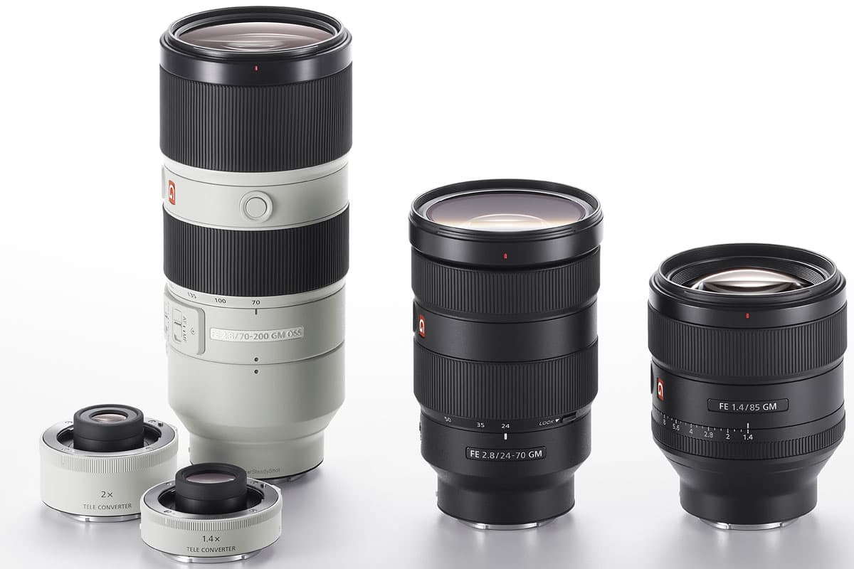 Sony's GM lenses: 70-200mm f/2.8, 24-70mm f/2.8, 85mm f/1.4, 2.0x and 1.4x teleconverters