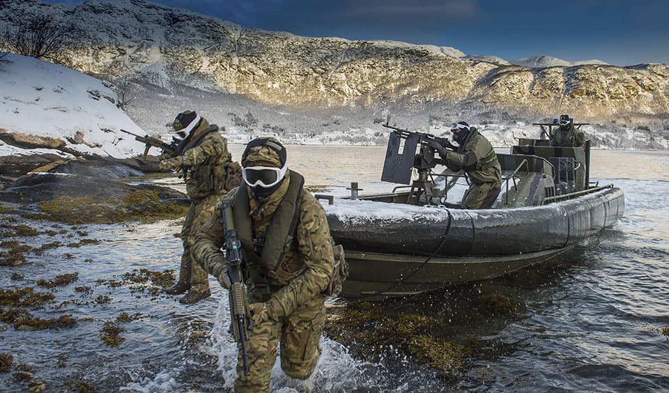 The Commandant General Royal Marines' Prize. Awarded for the best section or unit portfolio of 4 images, depicting the Royal Marines continuous amphibious and expeditionary readiness. Sponsor: Calumet. Winner: Royal Navy Mobile News Team. Beach Assault with Royal Marines and Royal Navy Personnel from 539 Assault Squadron, with an Offshore Raiding Craft (ORC). The winter deployment 16 for the Royal Marines in Harstad, Norway forms part of the NATO COLD RESPONSE 16 Exercise. Developing cold weather warfare skills with the Norwegians, Dutch, and the USMC ensuring the UK has a high-readiness flexible force with a truly global reach.