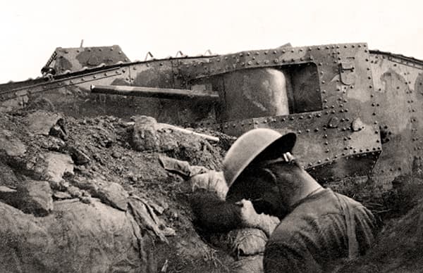 A Mark I tank ditched in a former German trench to the west of the village of Flers