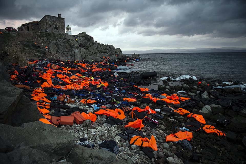 Life vests, inner tubes and rubber rafts on the north coast of the Greek island of Lesbos. The basic equipment that thousands of refugees have used to cross to Greece from Turkey. November 21, 2015.