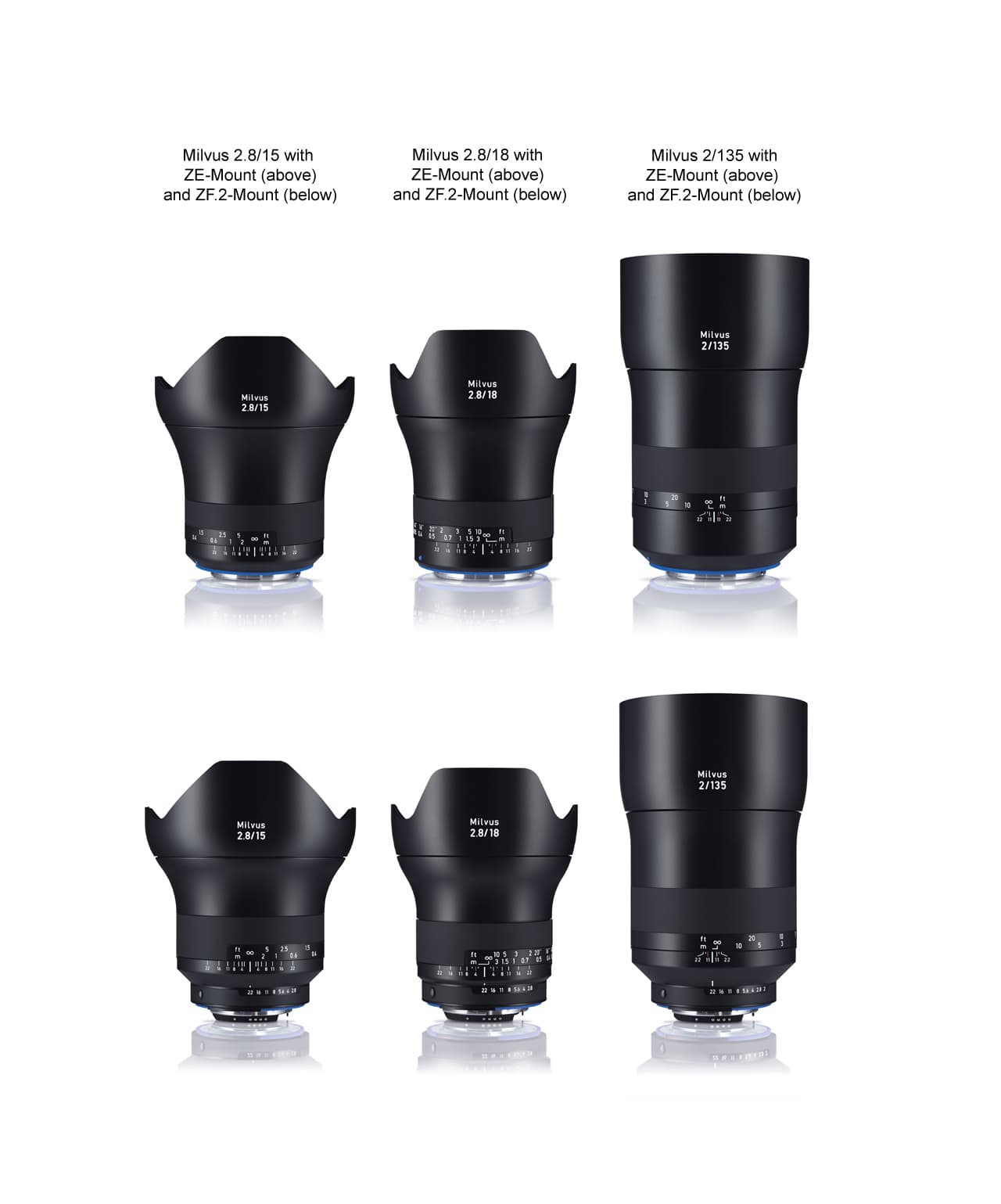 The focal lengths 15mm, 18mm and 135mm are each being offered as a ZF.2 mount for Nikon and as a ZE mount for Canon cameras. In addition, the ZF.2 version is equipped with a manual aperture ring.