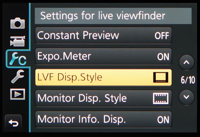 Panasonic LVF Display style screen