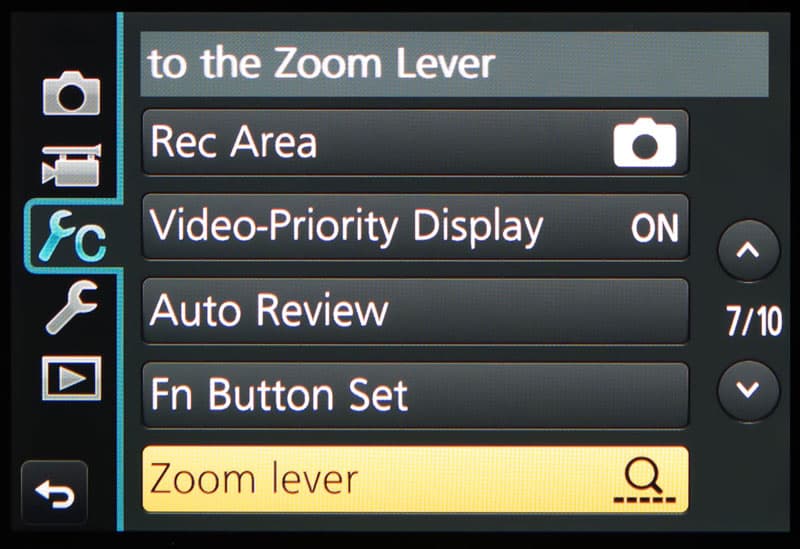 Panasonic zoom lever screen