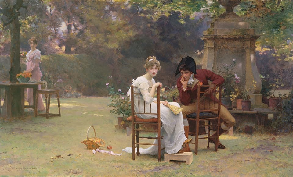 MAN276863 Two's Company, Three's None, c.1892 (oil on panel) by Stone, Marcus (1840-1921); 31.1x51.6 cm; Manchester Art Gallery, UK; REPRODUCTION PERMISSION REQUIRED; English, out of copyright PLEASE NOTE: The Bridgeman Art Library works with the owner of this image to clear permission. If you wish to reproduce this image, please inform us so we can clear permission for you.