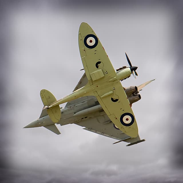 The "Securing the Skies" Display team from Coningsby perform a crossover manoeuvre during their 2015 display at RAFC Cranwell Families Day. The display team consists of a Typhoon and Spitfire aircraft. Unless otherwise stated, images by Gordon Elias, Team Leader, Photographic Department, RAF College Cranwell, Sleaford Lincolnshire NG34 8HB.