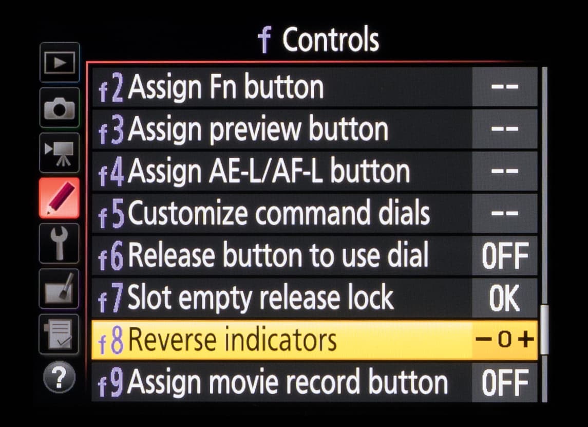Nikon Custom Menu Secrets - f8 - Reverse indicators