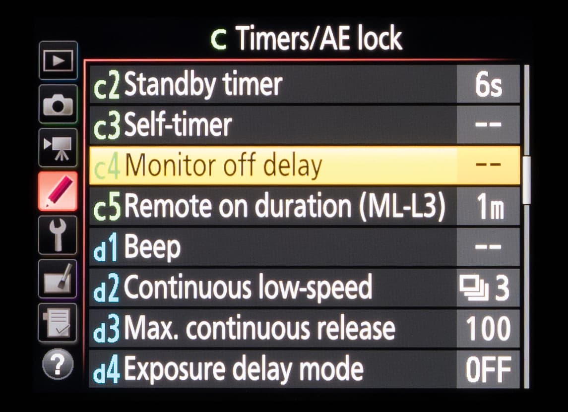 Nikon Custom Menu Secrets - c4 - Monitor off delay