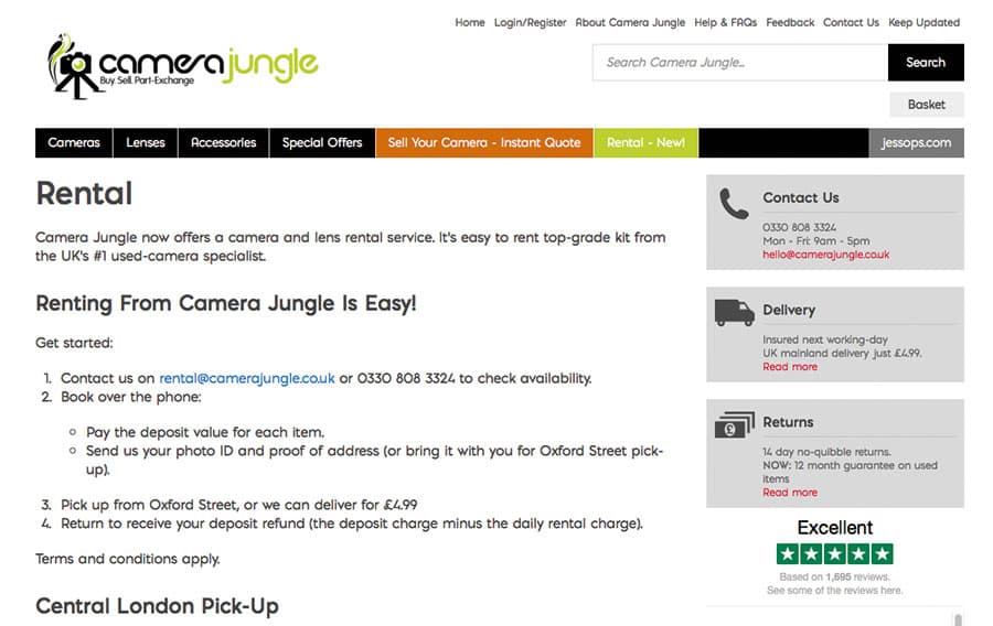 Kit hire Camera Jungle website