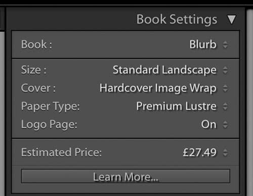 Lightroom publish your book screen