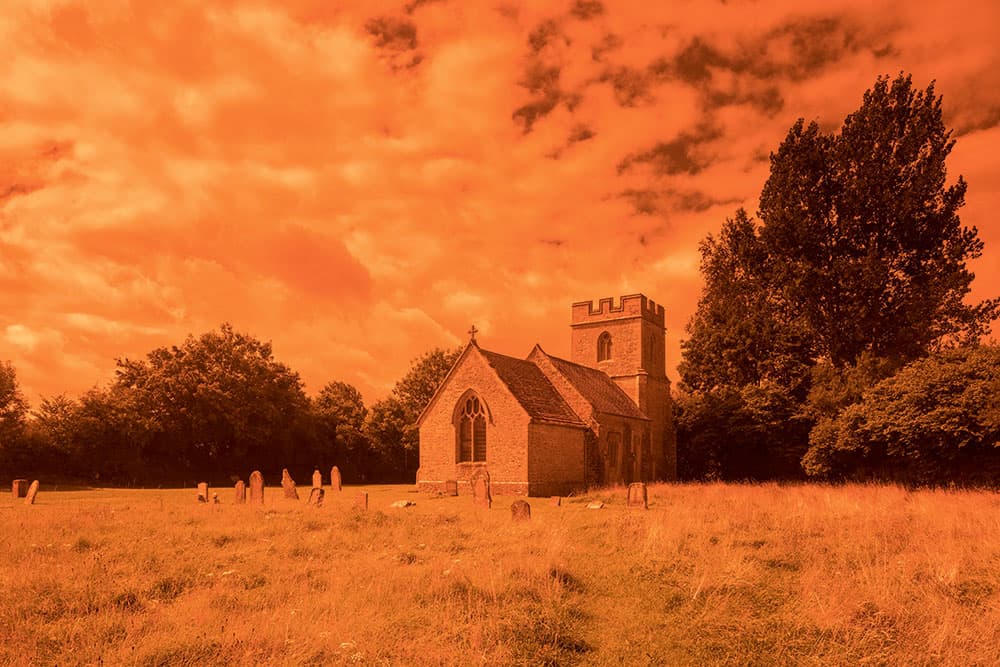 retro filters Holnest church with red filter